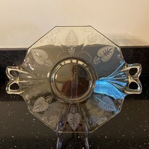 Vintage Amber Gold Etched Glass Handled Serving Plate Tray Shabby Art Deco